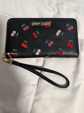 Betsy Johnson Black Cherry Embroidered Wristlet Wallet! NWT